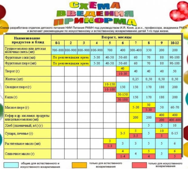 Схема введения прикорма ВОЗ (таблица)