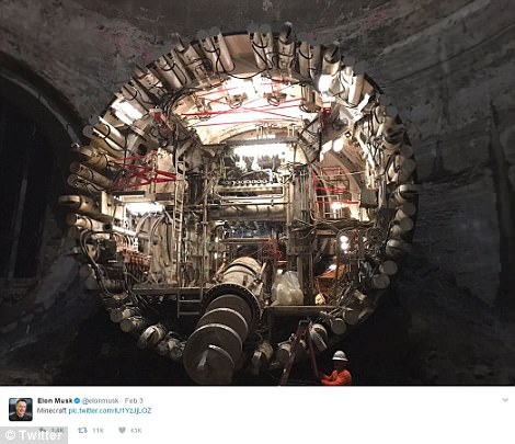 Musk previously tweeted a picture of a boring machine he was believed to be considering buying. It is not known if it is the machine now repainted at the SpaceX HQ