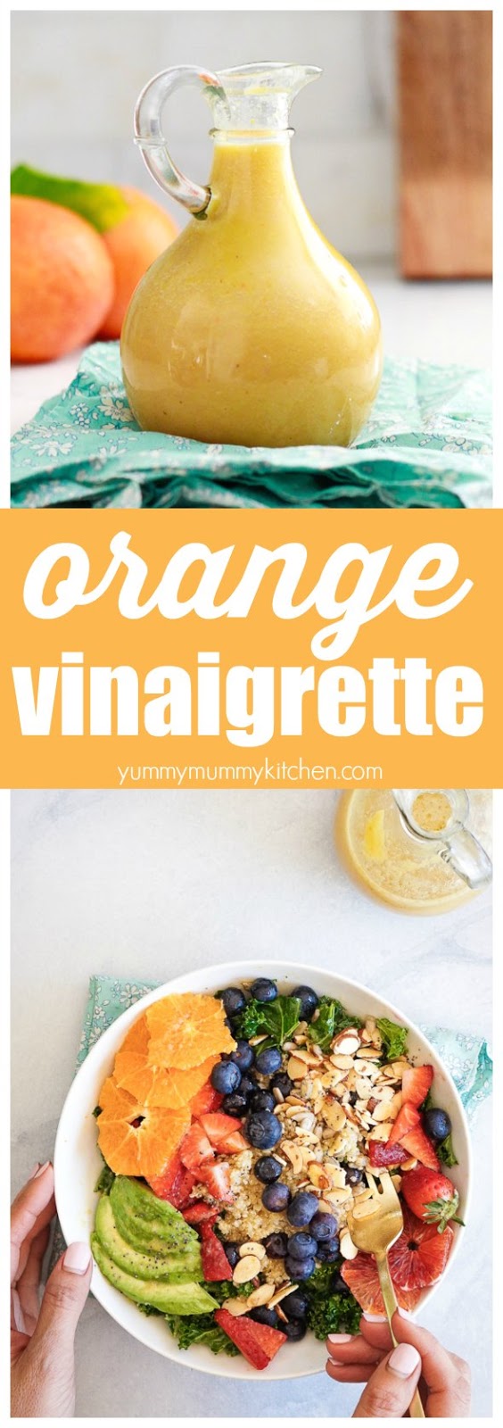 This easy orange citrus vinaigrette is made in the blender and is so delicious on green salads like this superfood kale salad with berries and quinoa. This is one of my favorite vegan, vegetarian, gluten-free lunch ideas! 