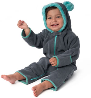 camping baby in fleece sleep suit