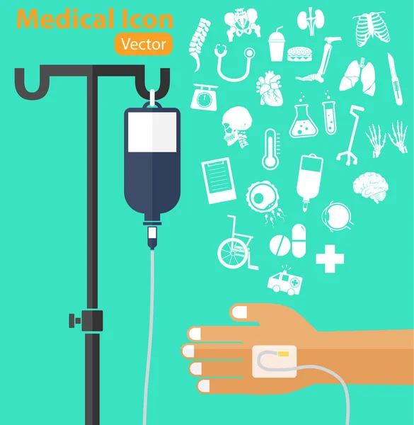 Saline solution bag with pole, patient s hand, IV tube, medical icon ( ambulance, wheelchair, medicine, drug, chart, thermometer, cane, surgical knife, stethoscope, organ, lung, spine ) Royalty Free Stock Vectors
